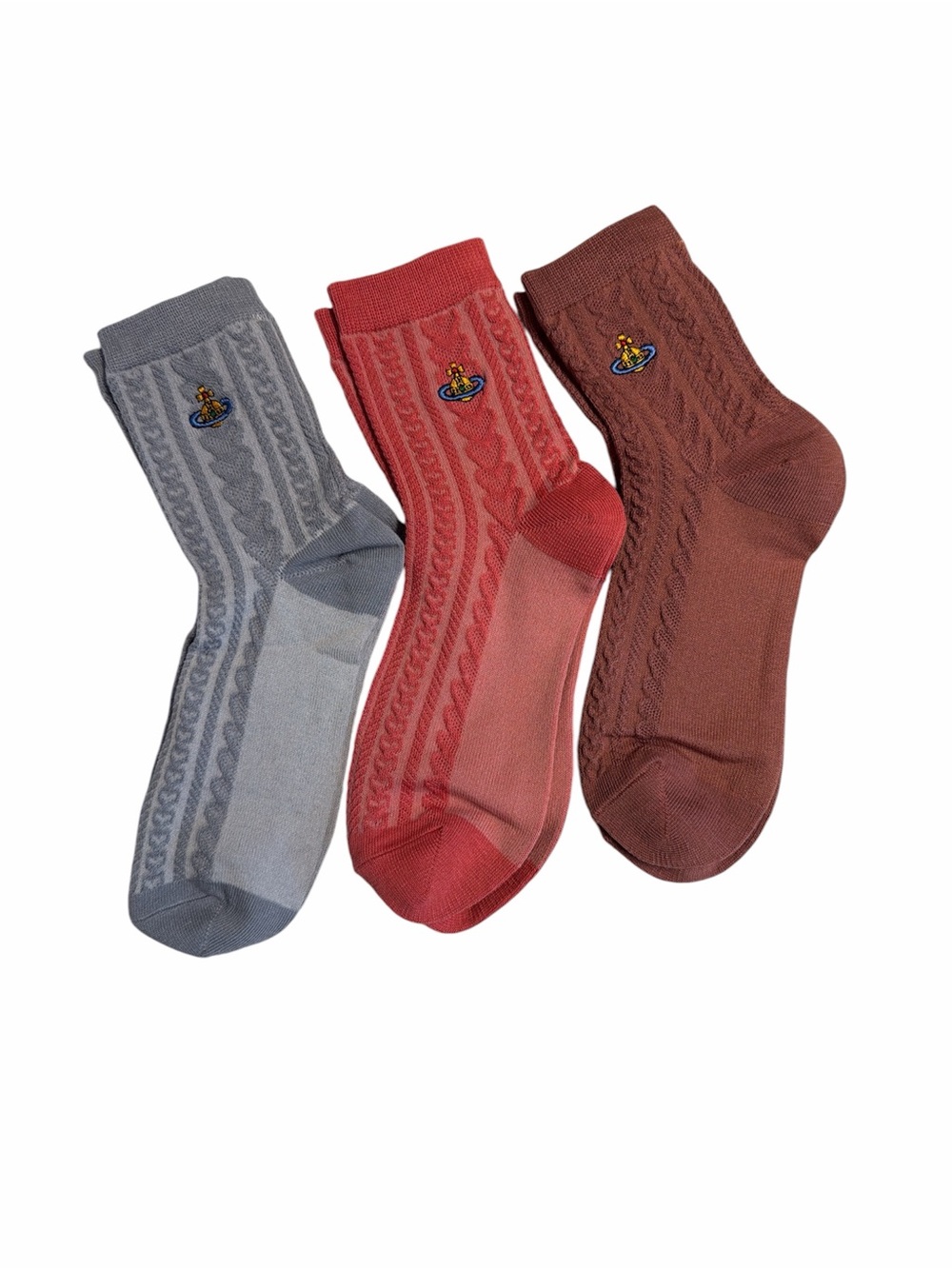 Vivienne Westwood Trio Cable-Knit Crew Socks in Gray, Coral & Brown